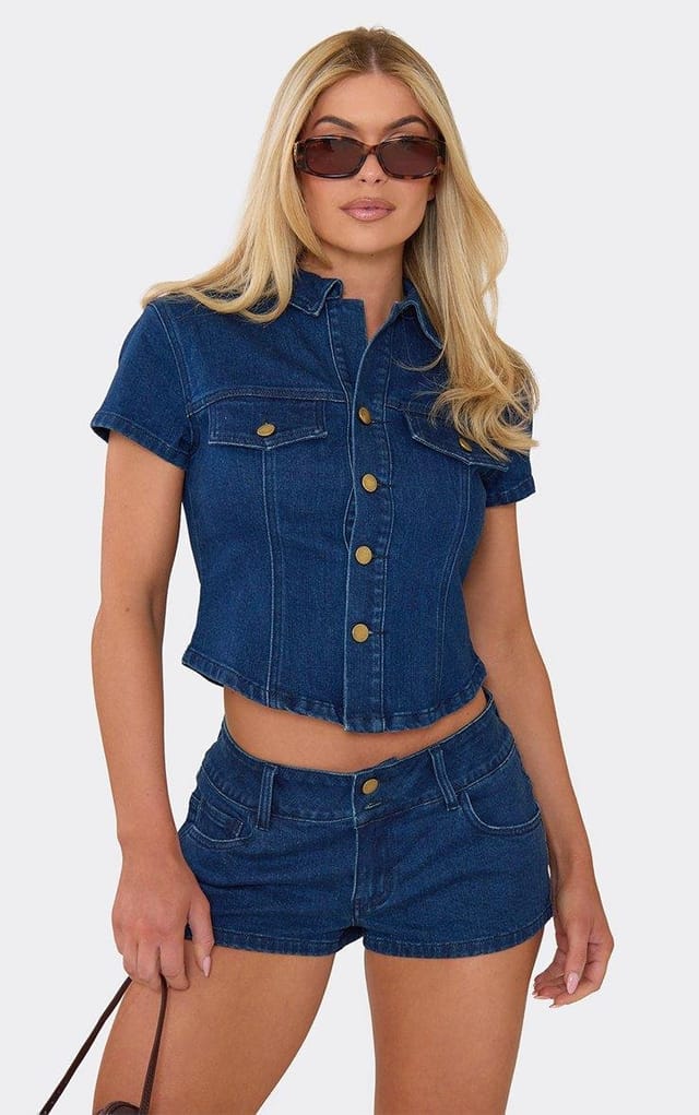 EGO Short Sleeve Button Down Fitted Top In Indigo Blue Denim, Women's Size UK 10 - 2