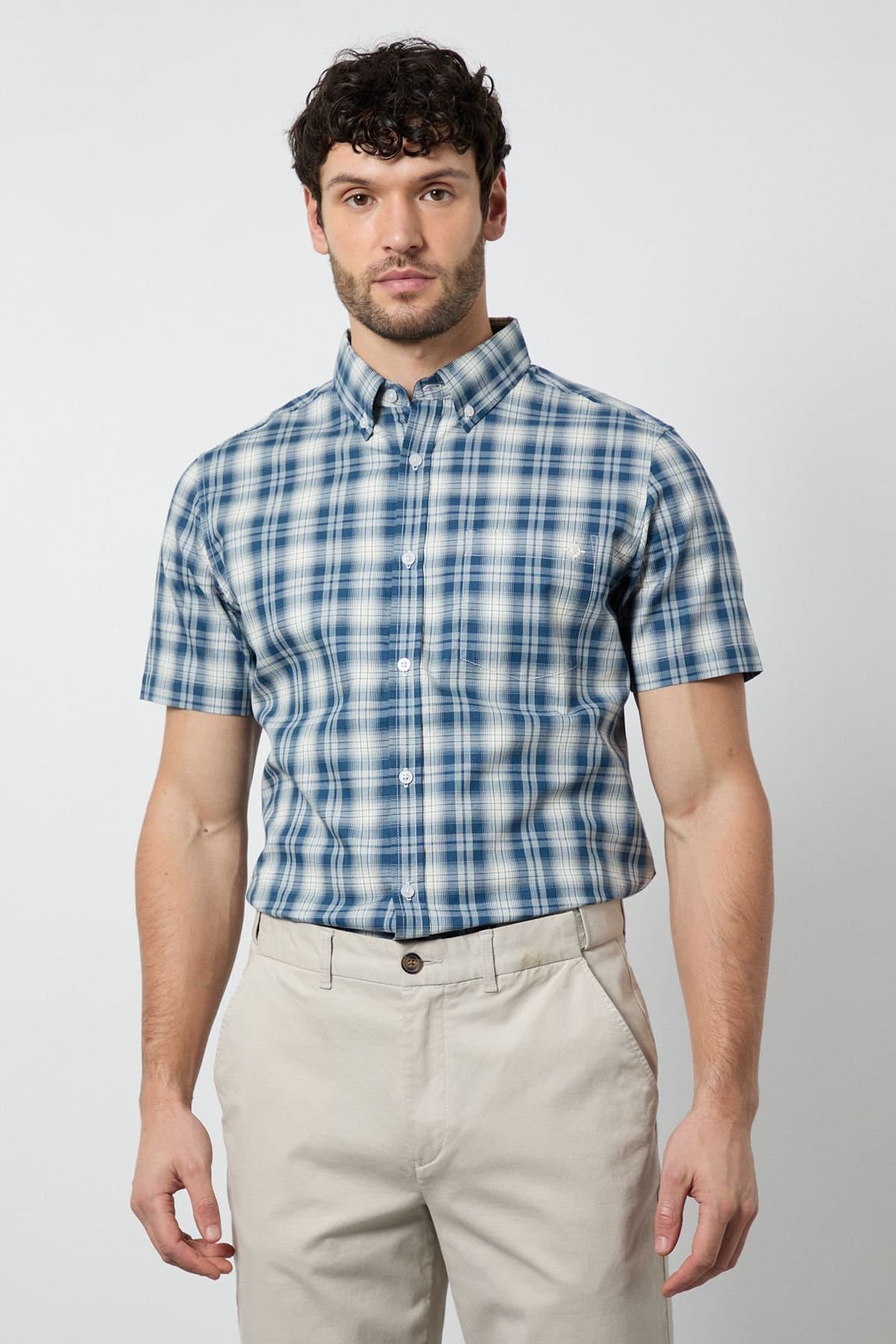Maine Maine Men's Blue Madras Check Short Sleeve Shirt