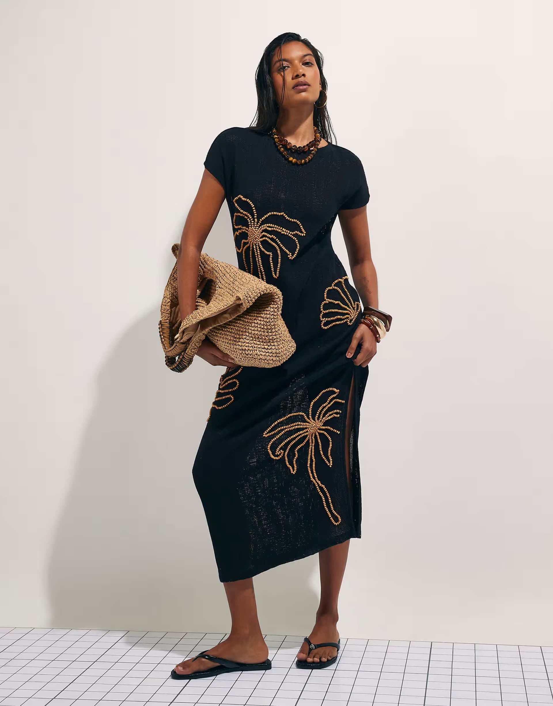 ASOS River Island Knit beaded midi beach dress in black