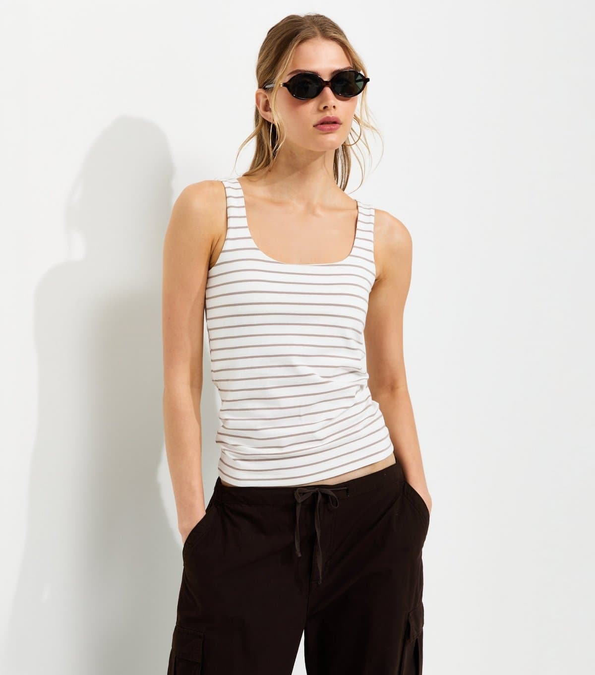 New Look Women's Cream Cotton Rich Square Neck Striped Vest Top New Look