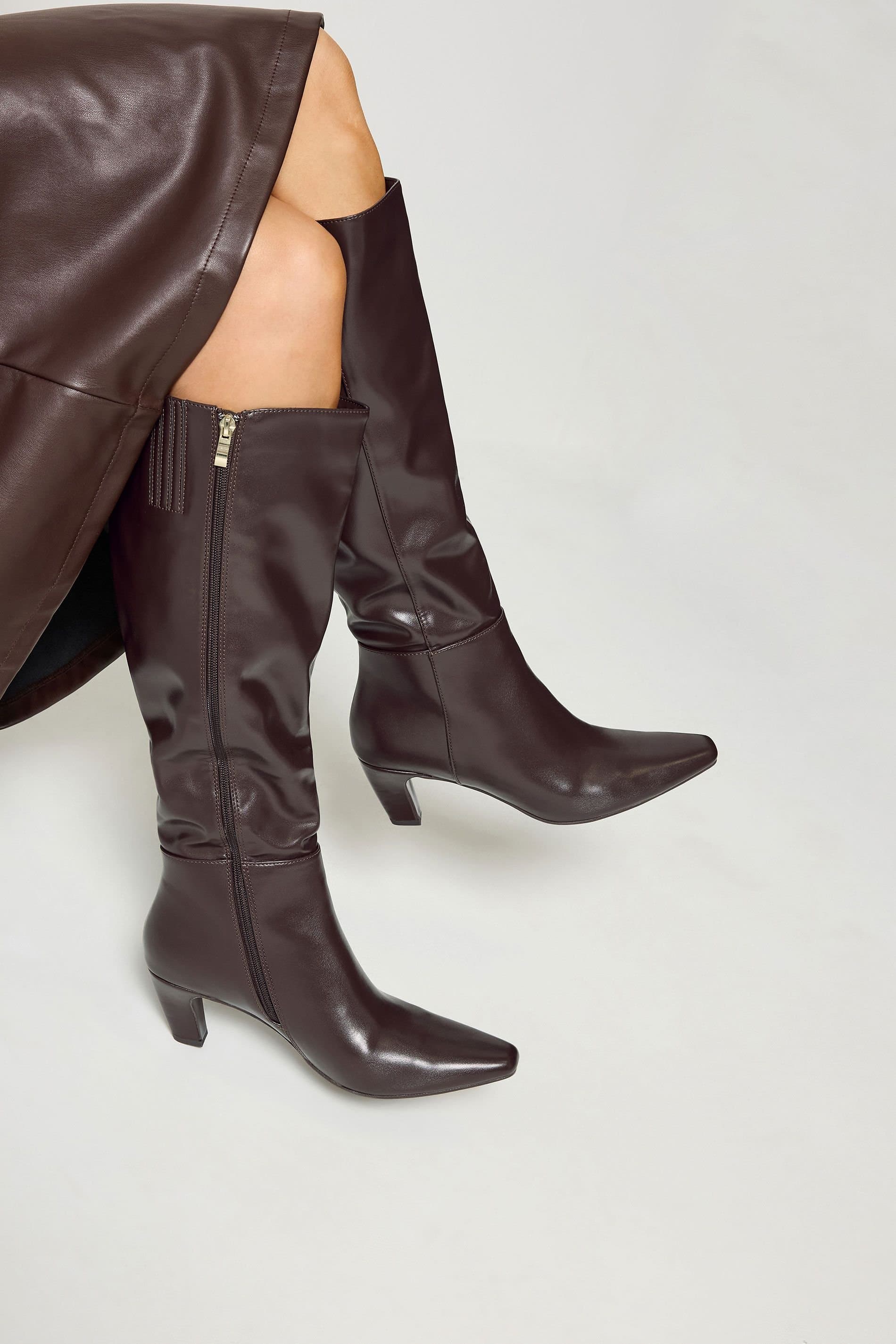 Long Tall Sally Long Tall Sally Women's Faux Leather Kitten Heel Knee High Boots In Standard Fit in Brown