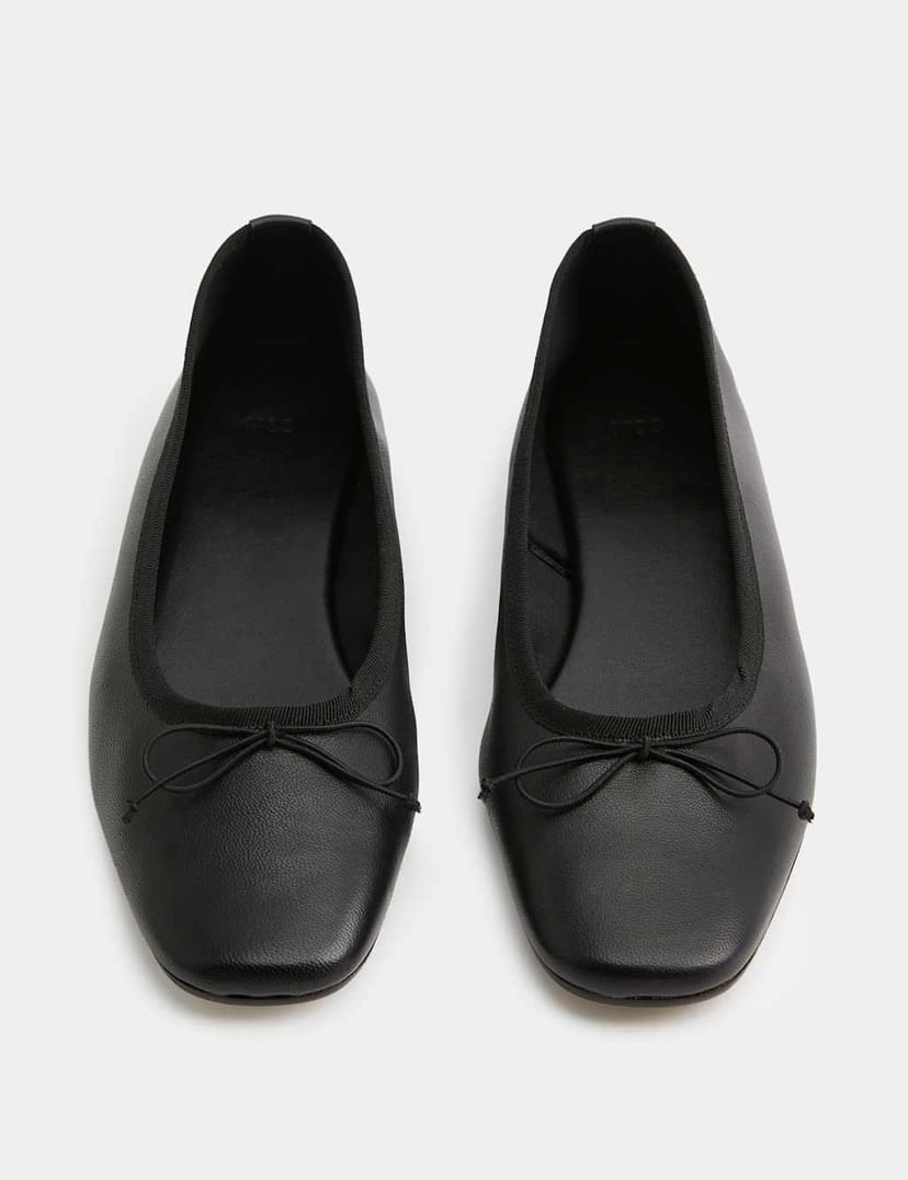 Marks & Spencer M&S Leather Bow Flat Round Toe Ballet Pumps Black/Black - 1