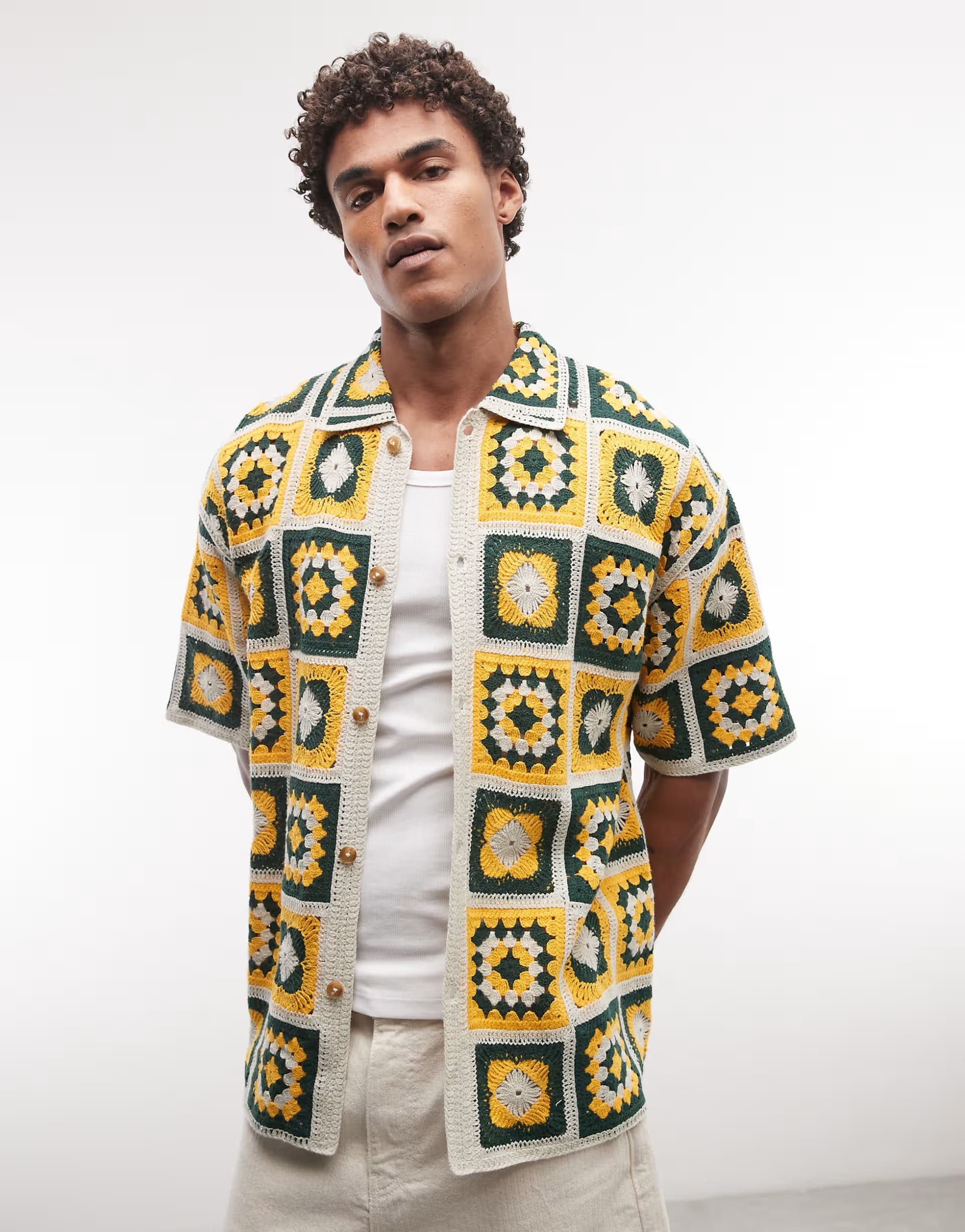 ASOS BLKVIS crochet square shirt in green mutli