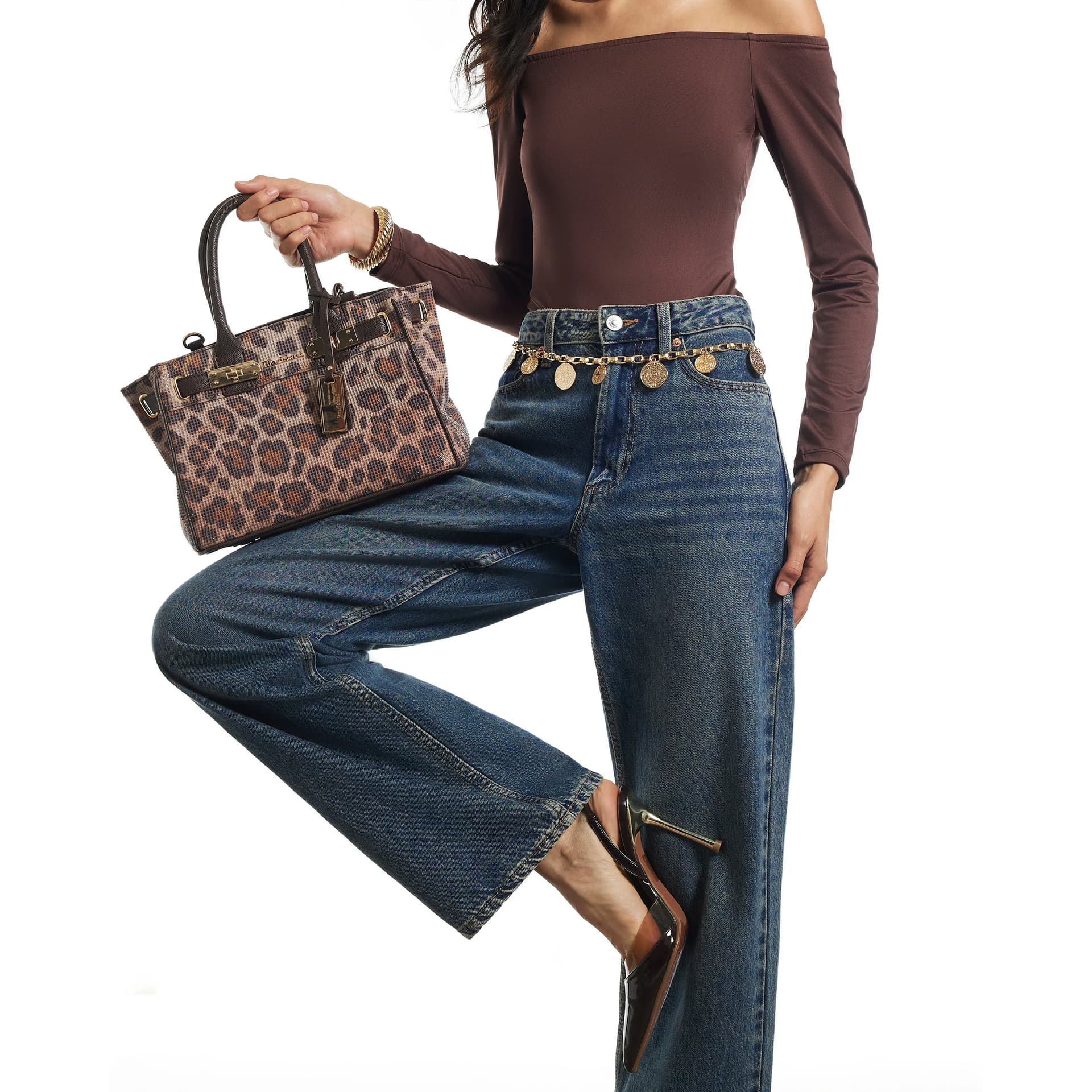 River Island River Island Womens Brown Leopard Print Diamante Tote Bag