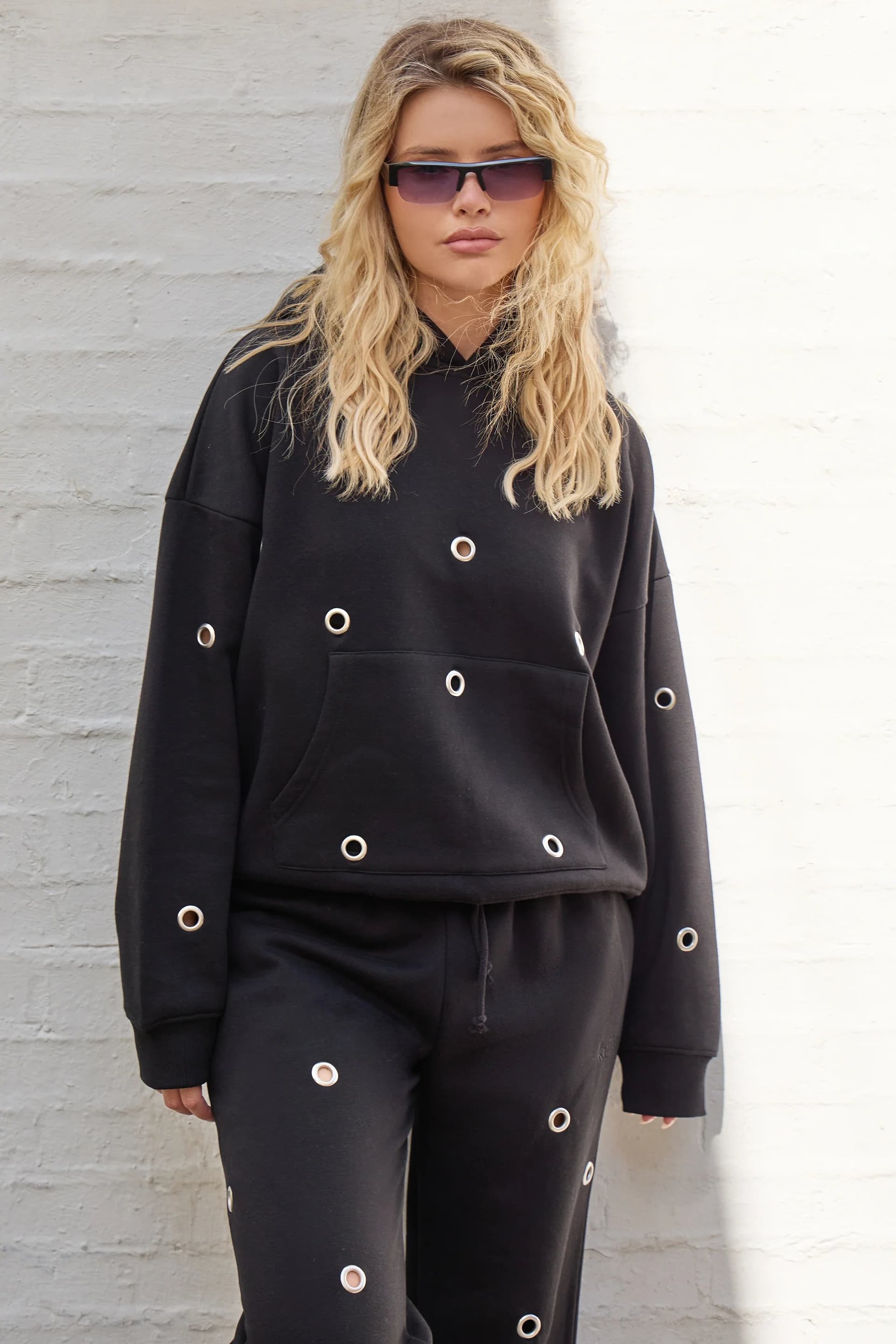 Kaiia Kaiia Eyelet Oversized Hoodie Black