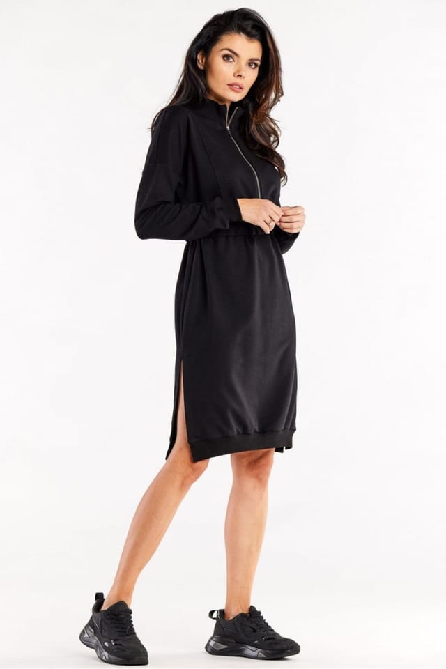 Love Lace Love Lace Women's Long Sleeve Slit Seam Zip Waist Dress in Black - 2