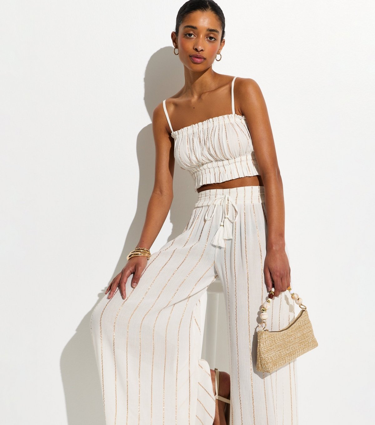 New Look Women's White Striped Pattern Shirred Wide Leg Trousers New Look - 2