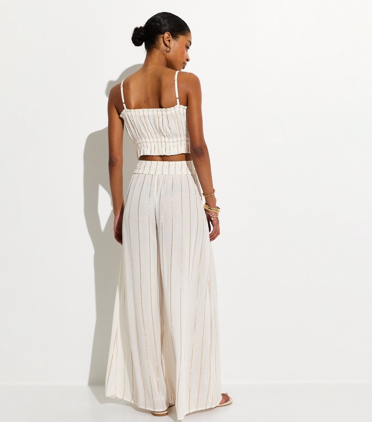 New Look Women's White Striped Pattern Shirred Wide Leg Trousers New Look - 4