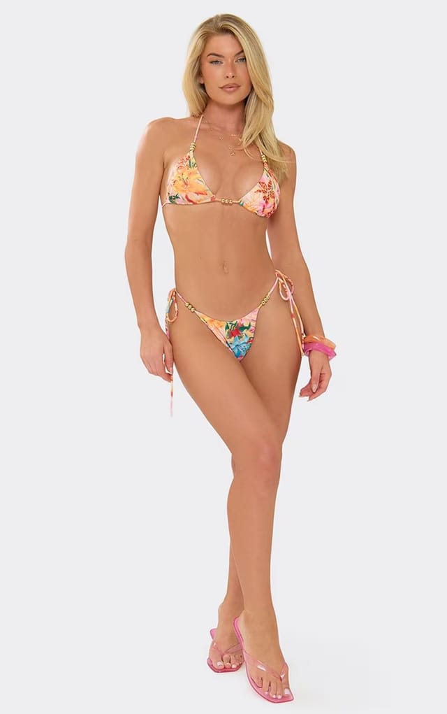 EGO Beaded Detail Triangle Bikini Set In Multi Floral Print, Women's Size UK 6 - 2