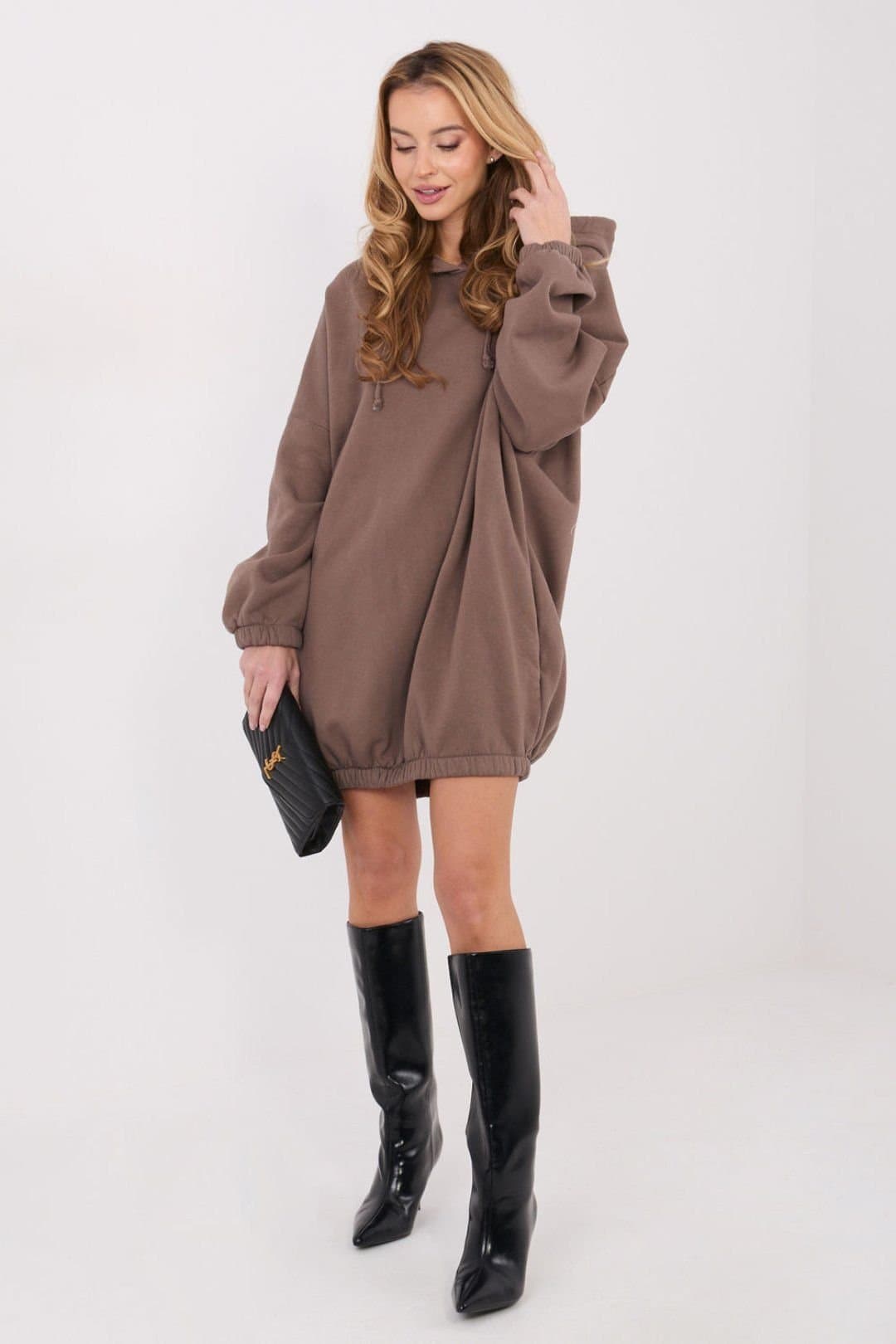 Love Lace Love Lace Women's Oversized Hooded Cotton Sweatshirt Dress in Brown