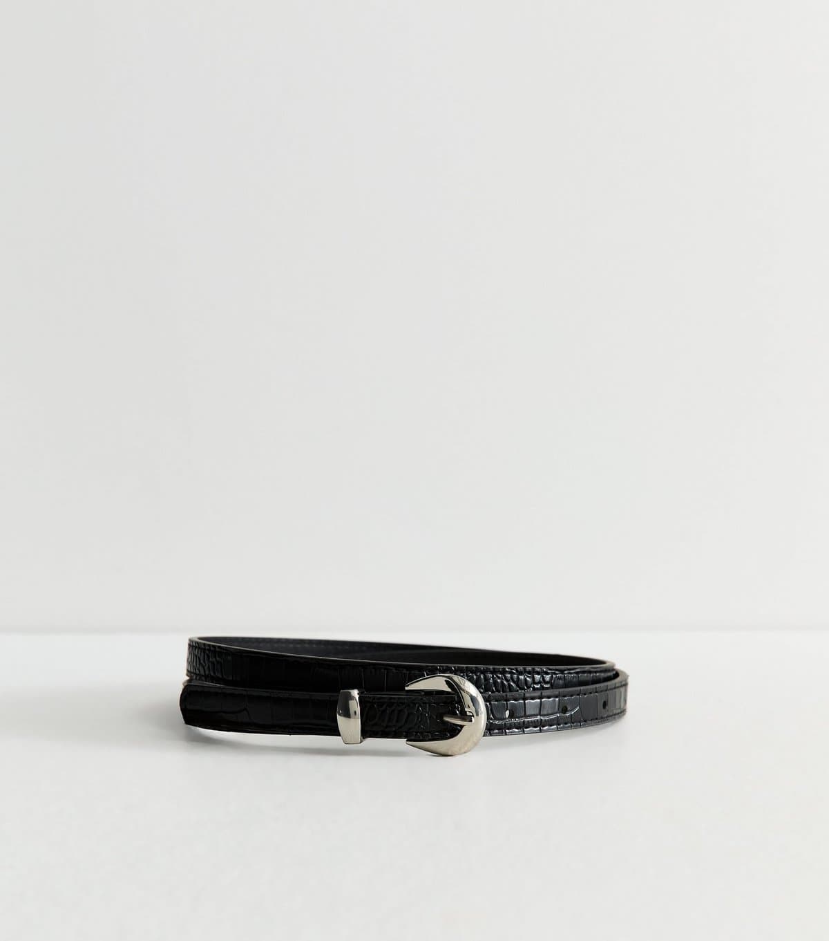 New Look New Look Black Faux Leather Croc Embossed Skinny Belt