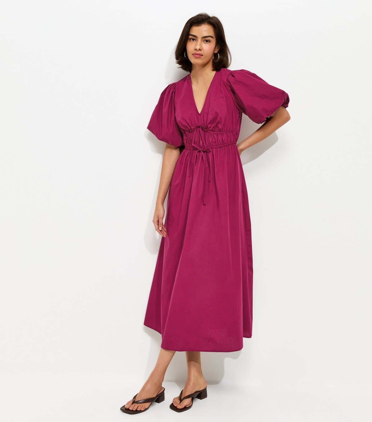 New Look Women's Light Burgundy Cotton Puff Sleeve Midi Dress New Look