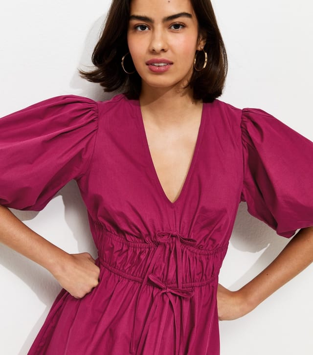New Look Women's Light Burgundy Cotton Puff Sleeve Midi Dress New Look - 2