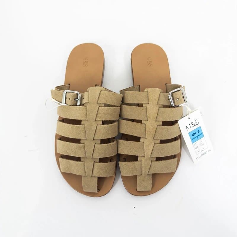 Marks & Spencer M&S Suede Gladiator Buckle Mule Sandals UK 5 NEW Nude Bege Slip On RRP £39.50