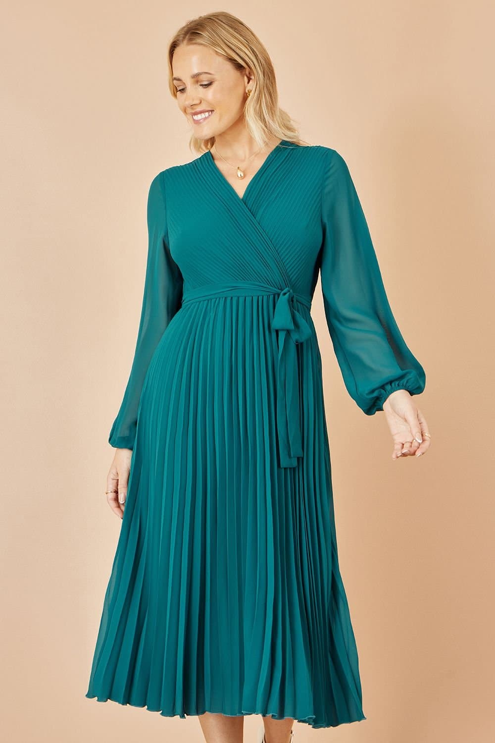 Yumi Yumi Women's Teal Pleated Wrap Midi Dress With Sheer Long Sleeves
