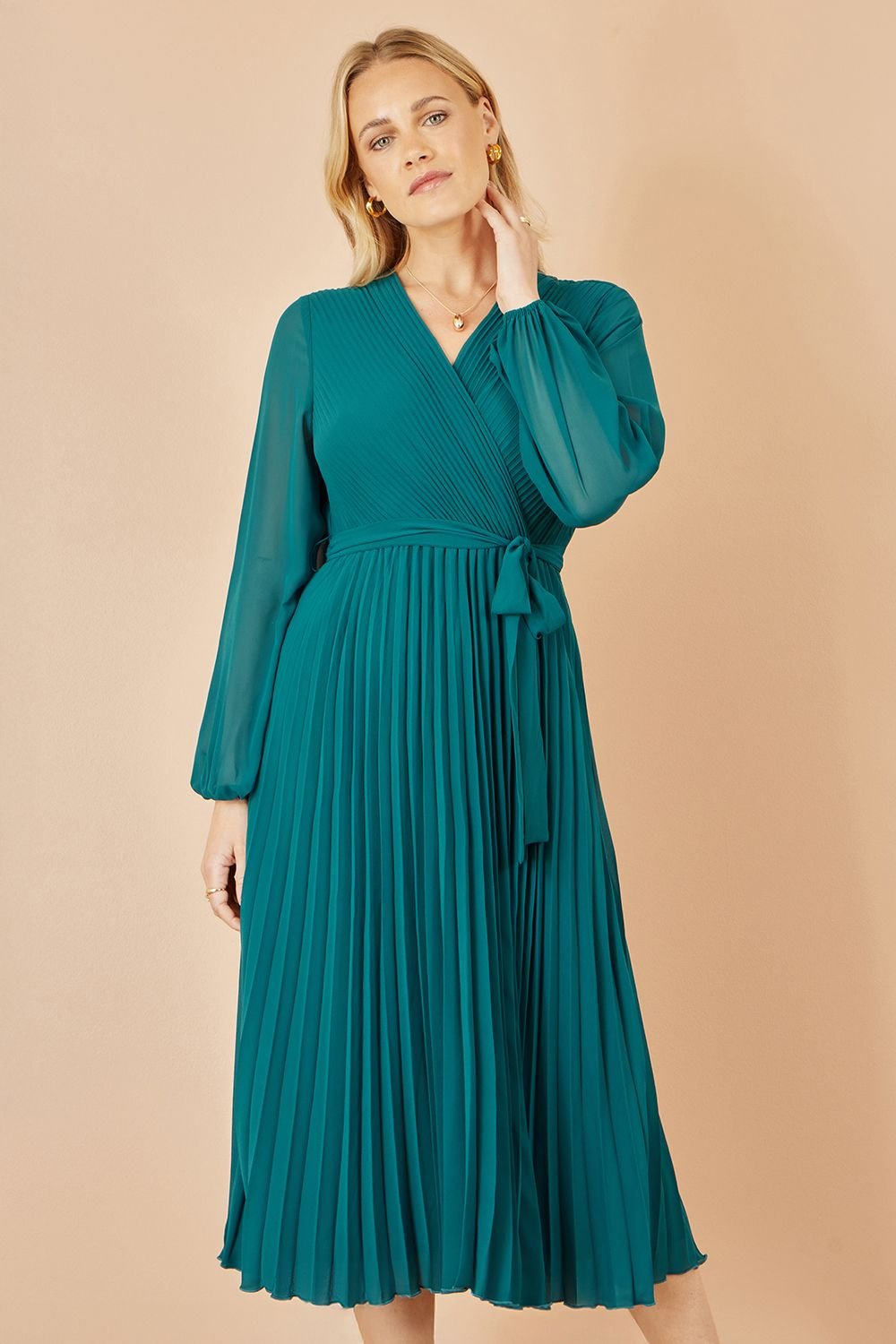 Yumi Yumi Women's Teal Pleated Wrap Midi Dress With Sheer Long Sleeves - 2