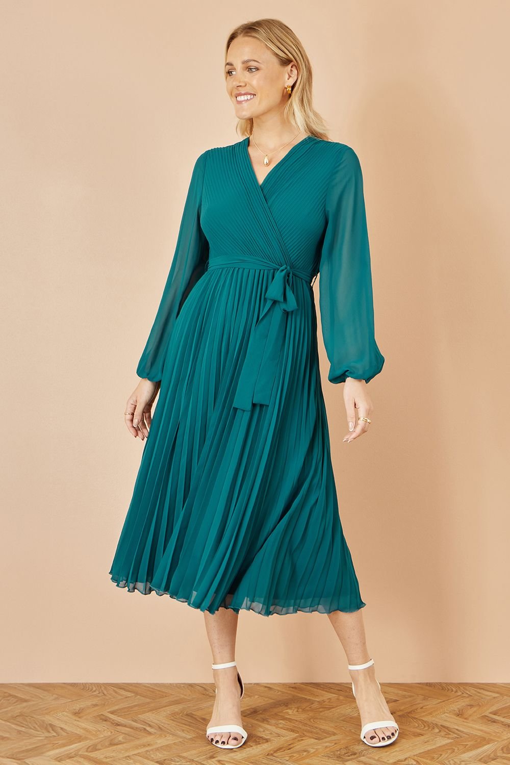 Yumi Yumi Women's Teal Pleated Wrap Midi Dress With Sheer Long Sleeves - 3