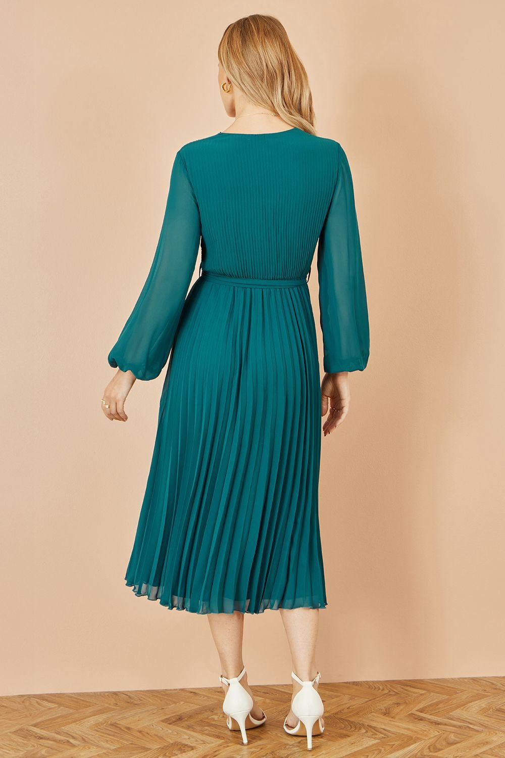 Yumi Yumi Women's Teal Pleated Wrap Midi Dress With Sheer Long Sleeves - 4