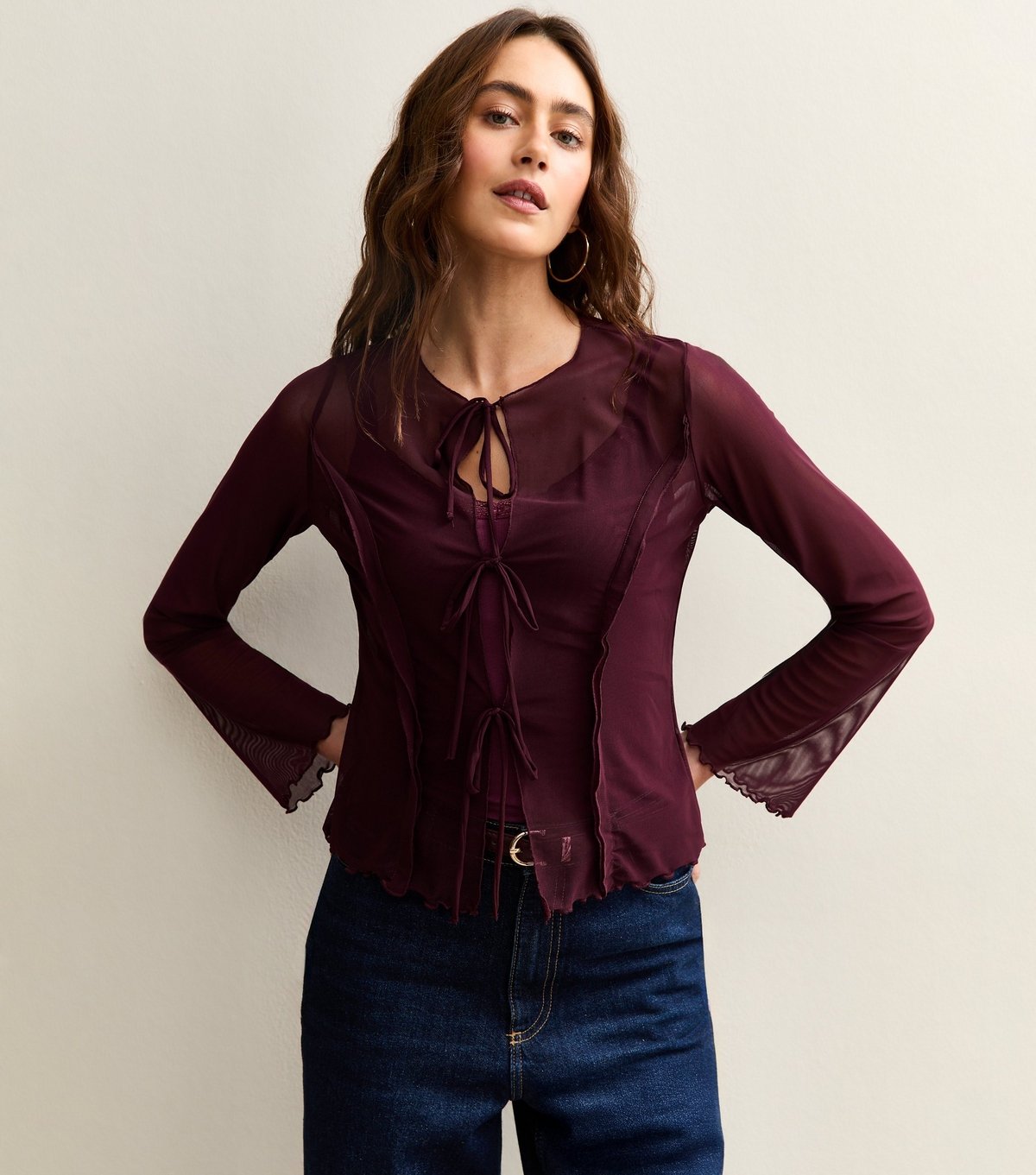 New Look Women's Burgundy Tie Front Long Sleeve Mesh Top New Look - 2