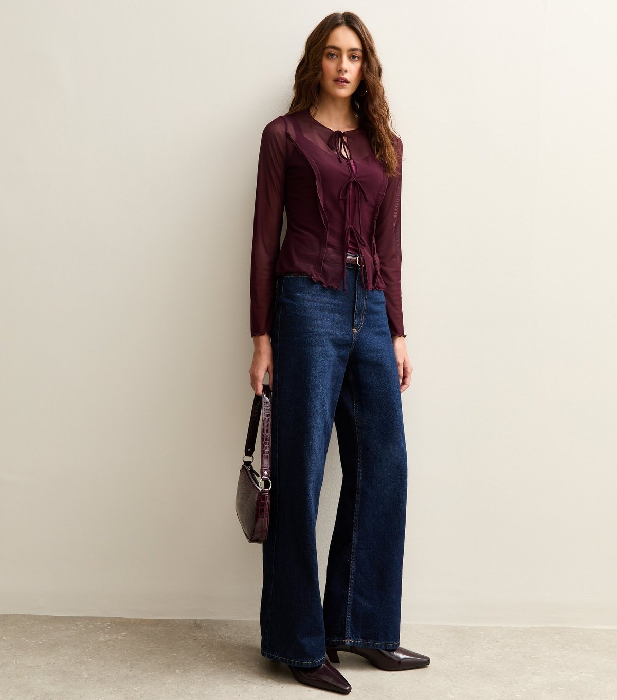 New Look Women's Burgundy Tie Front Long Sleeve Mesh Top New Look - 3