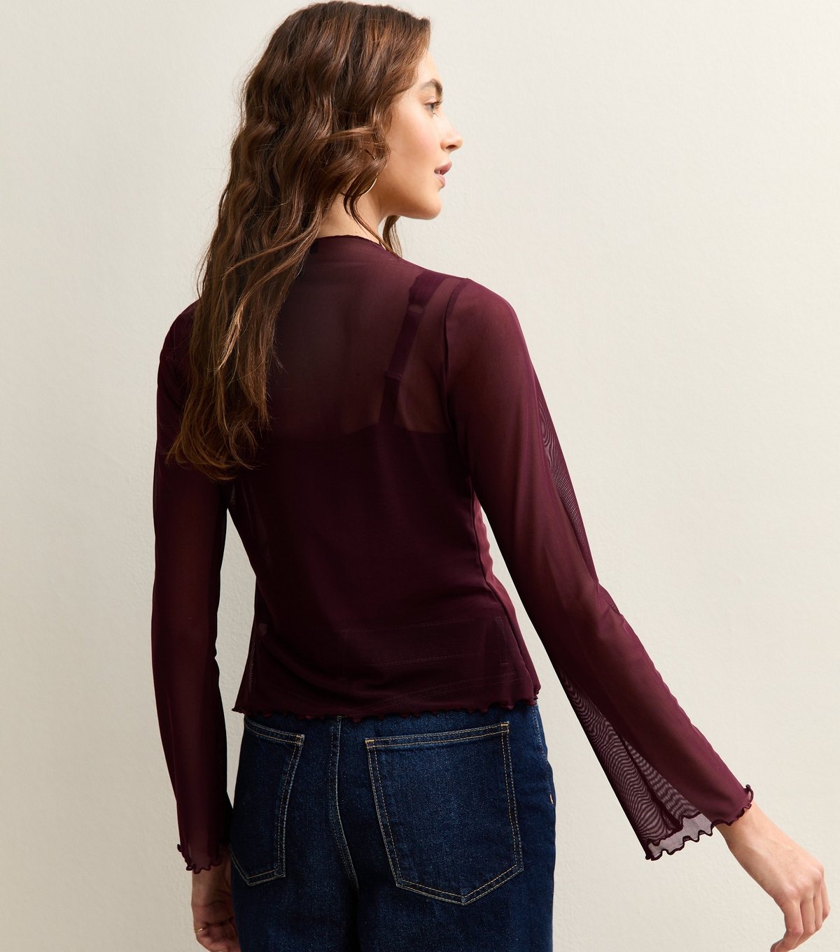 New Look Women's Burgundy Tie Front Long Sleeve Mesh Top New Look - 4
