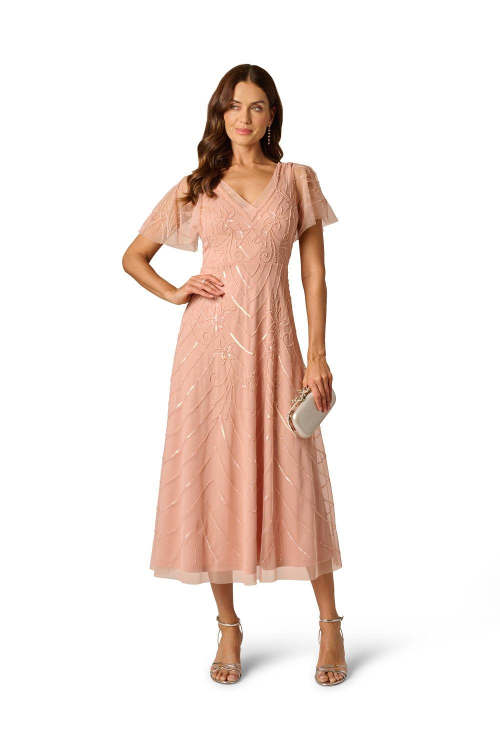 Papell Studio Papell Studio Women's Bead Mesh Flutter Dress in Pink - 4