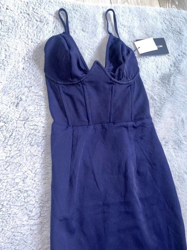 PLT PLT navy v bar underwired corset detail bodycon midi dress size 6