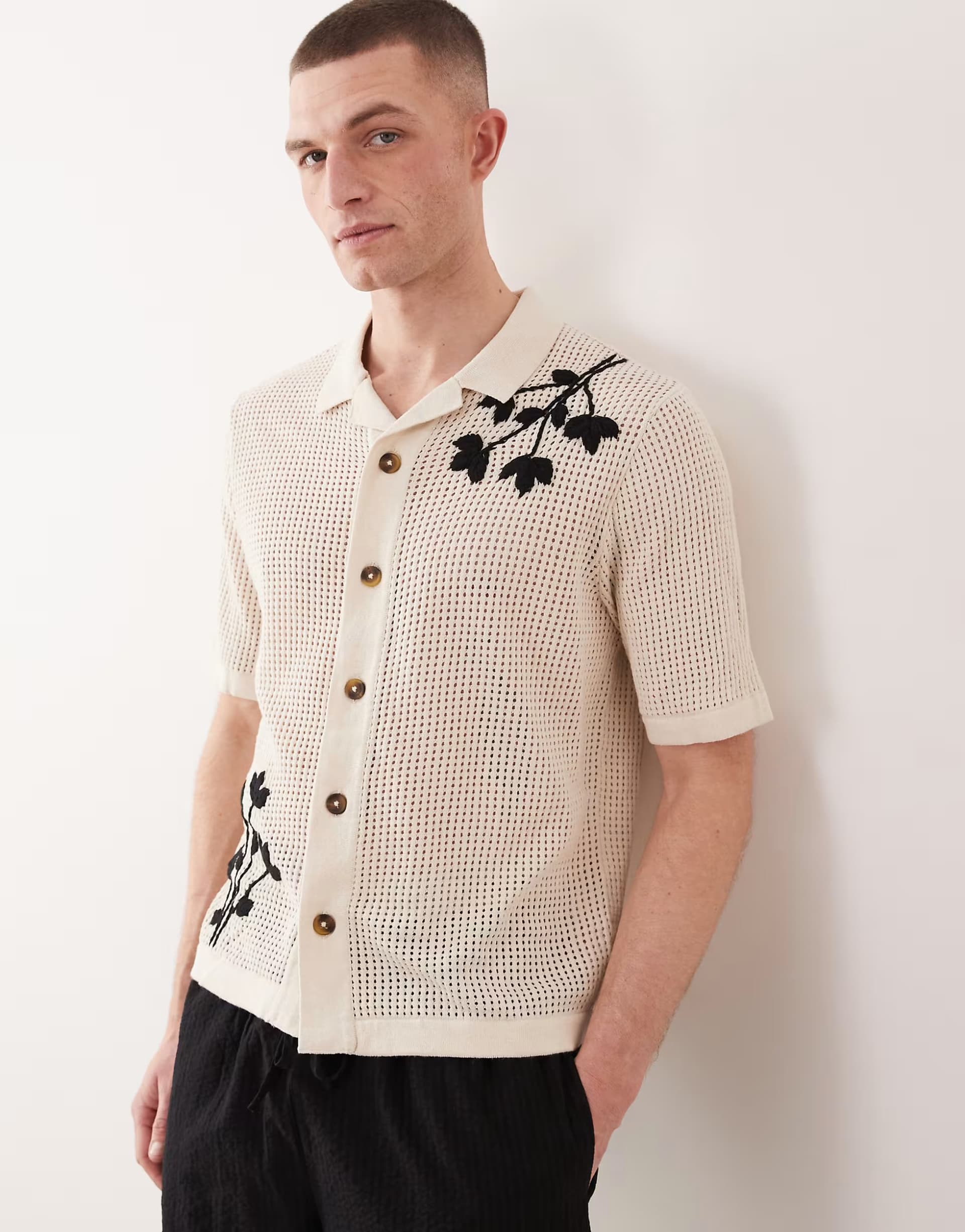 ASOS ONLY & SONS open knit crochet shirt with floral embroidery in cream