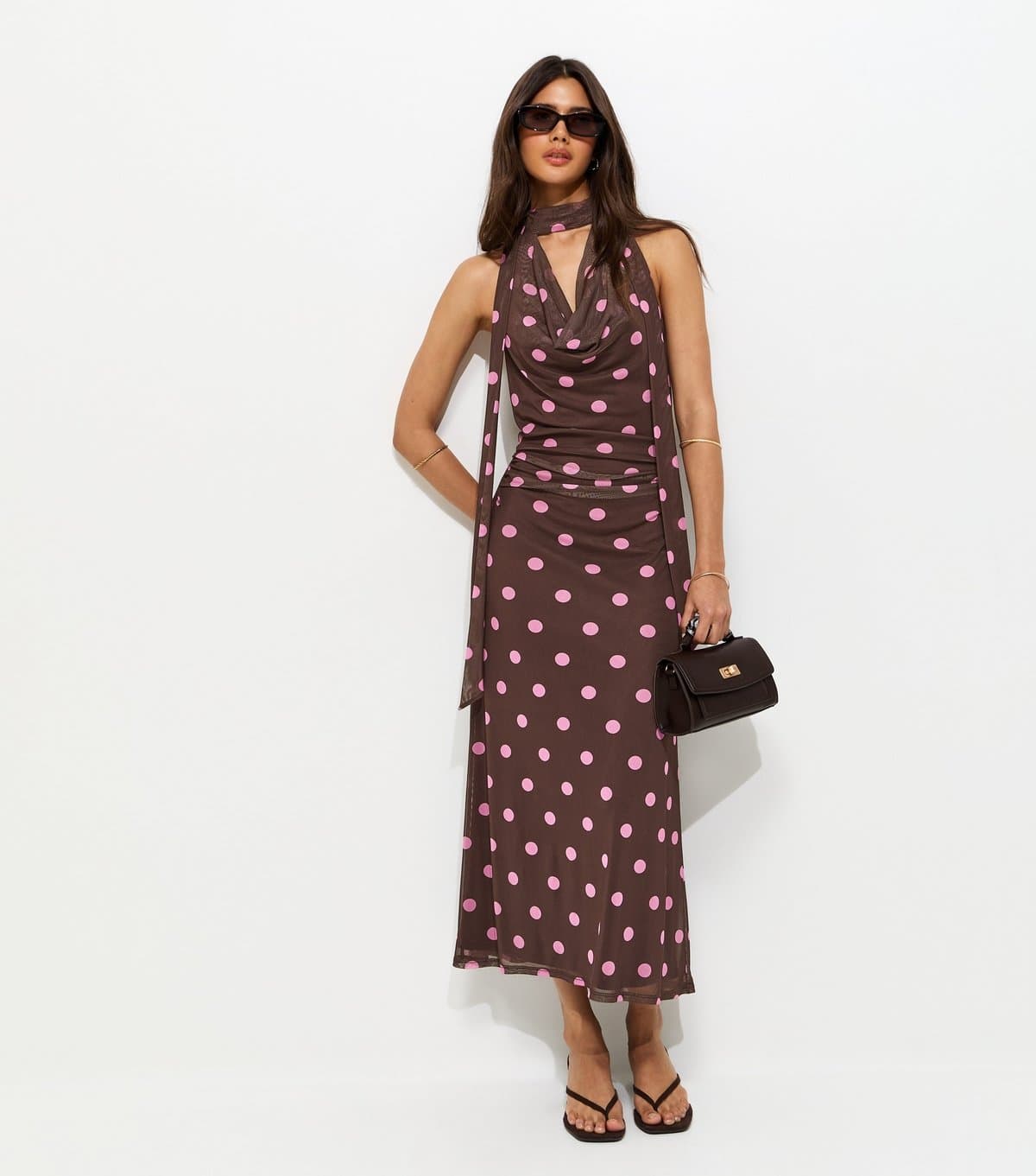 New Look Women's Brown Polka Dot Cowl Neck Scarf Trim Midi Dress New Look