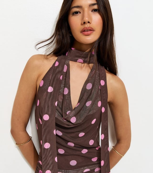 New Look Women's Brown Polka Dot Cowl Neck Scarf Trim Midi Dress New Look - 2