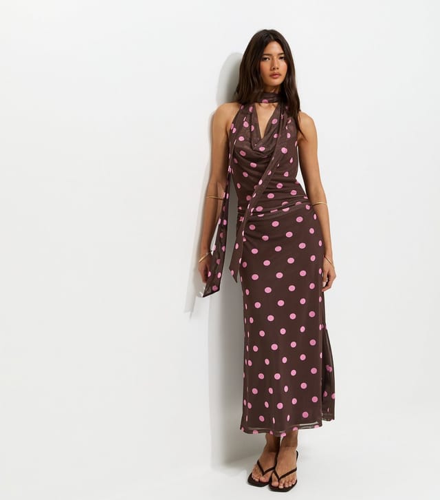 New Look Women's Brown Polka Dot Cowl Neck Scarf Trim Midi Dress New Look - 3