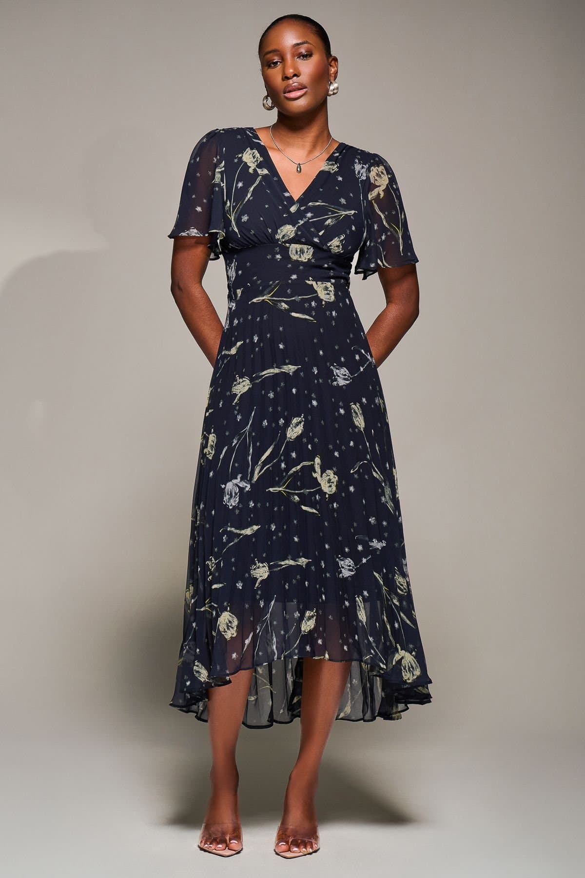 Jolie Moi Jolie Moi Women's Chiffon Frill Sleeved Maxi Dress in Navy