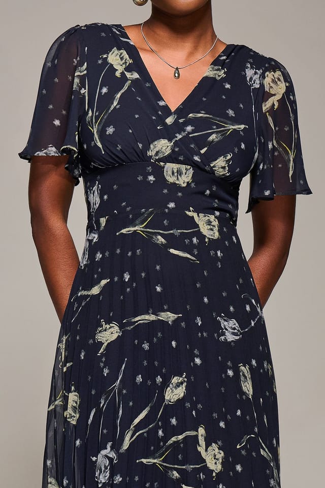 Jolie Moi Jolie Moi Women's Chiffon Frill Sleeved Maxi Dress in Navy - 3