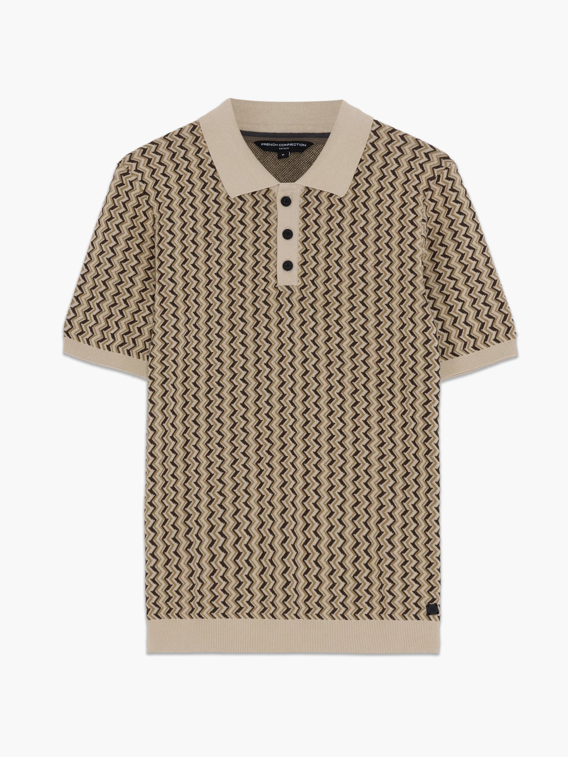 French Connection Light Brown Zig Zag Knitted Short Sleeve Polo Shirt Multi