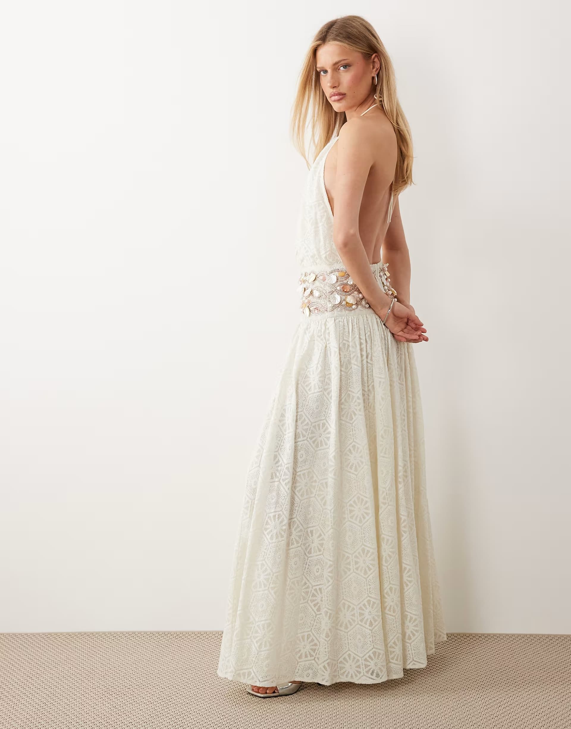 ASOS ASOS LUXE crochet maxi dress with embellished waist detail in white