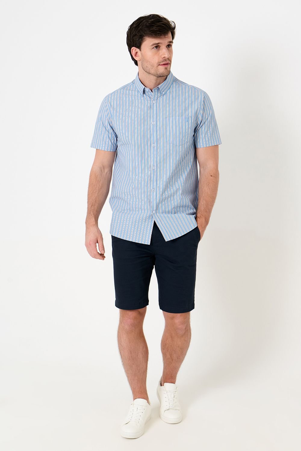 Saltwell Saltwell Men's Stripe Peached Cotton Short Sleeve Shirt in Blue - 3