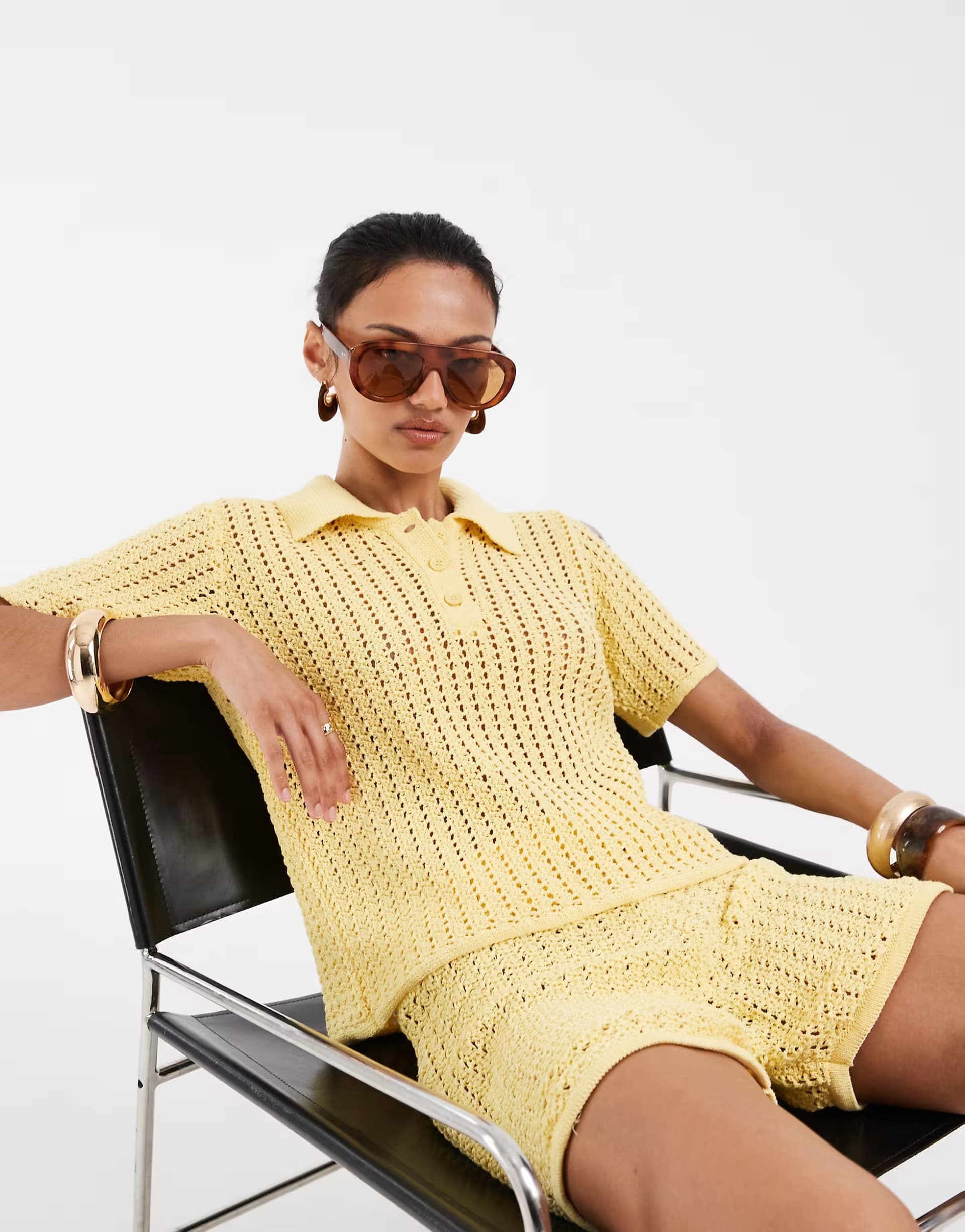 ASOS ASOS DESIGN knitted crochet polo top co-ord in buttermilk yellow