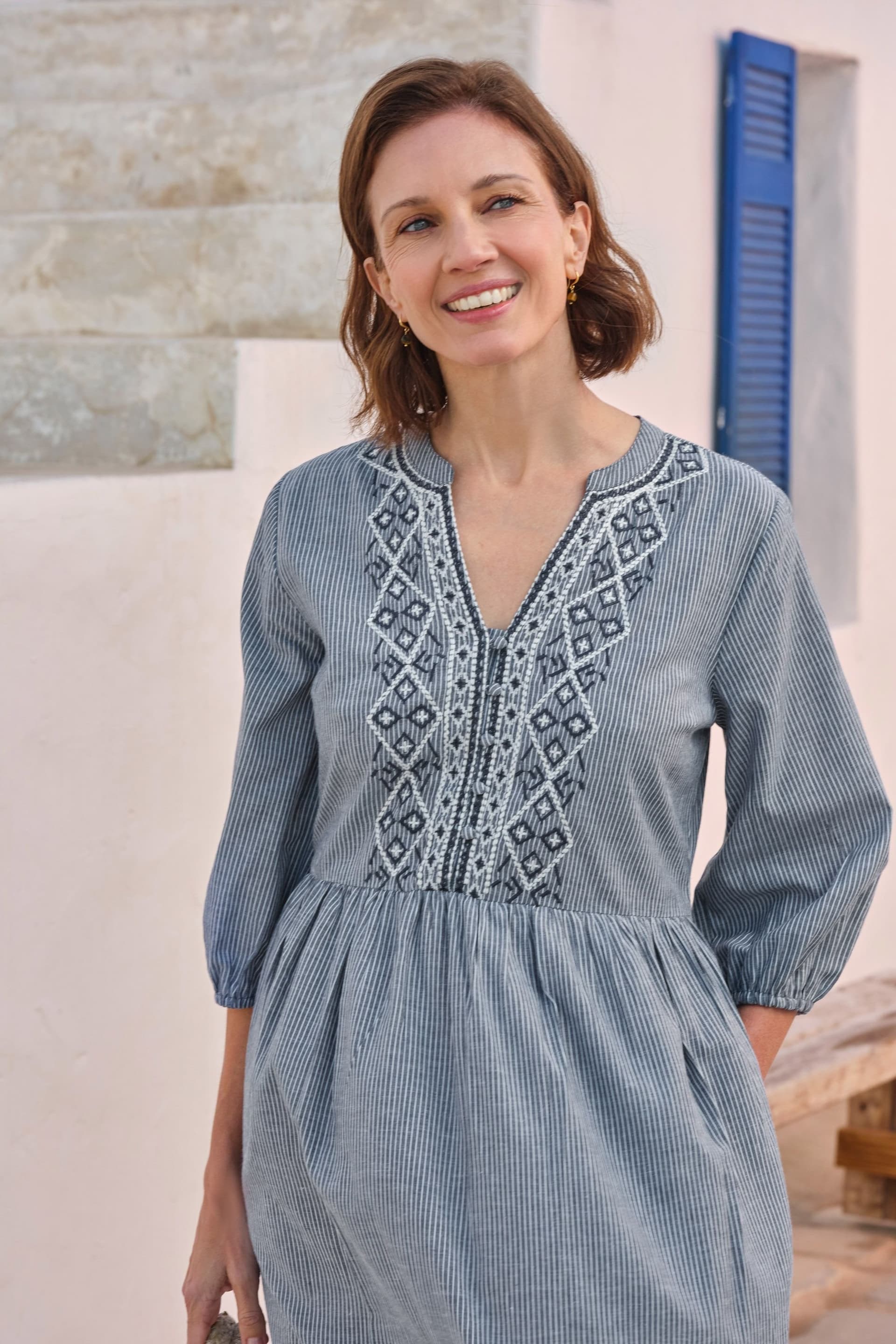 WoolOvers WoolOvers Women's Ticking Stripe V Neck Dress in Blue