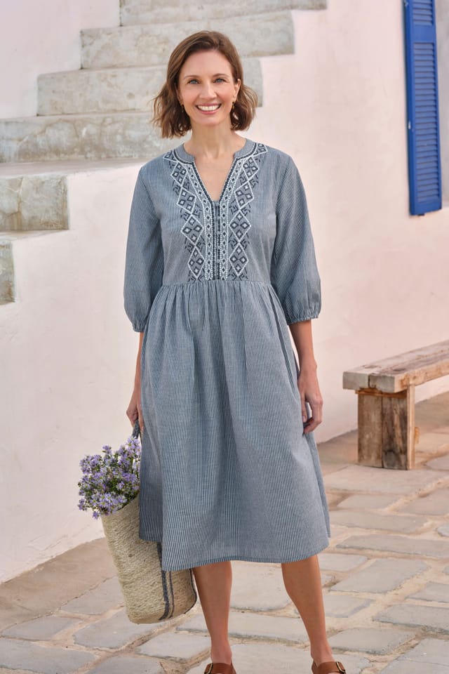 WoolOvers WoolOvers Women's Ticking Stripe V Neck Dress in Blue - 3