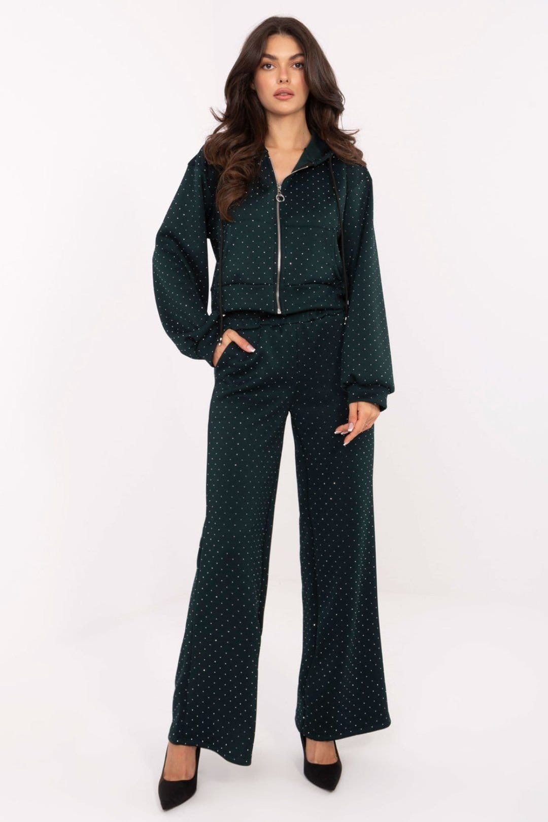 Love Lace Love Lace Women's Zip Hoodie Wide Leg Tracksuit Set with Jet in Green - 1