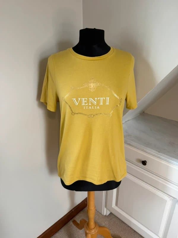 River Island River Island Cotton Venti Italia Mustard Yellow Graphic T-Shirt Size 12 Summer