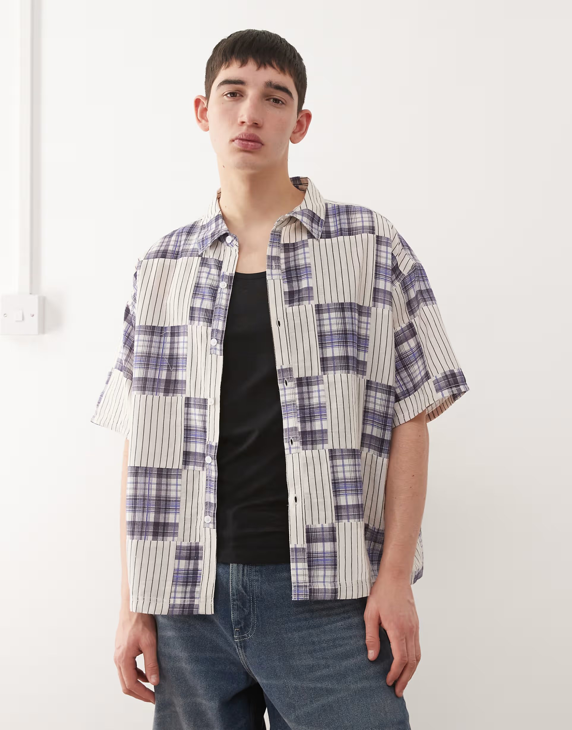 ASOS Reclaimed Vintage short sleeve boxy shirt with spliced stripe and check - 1