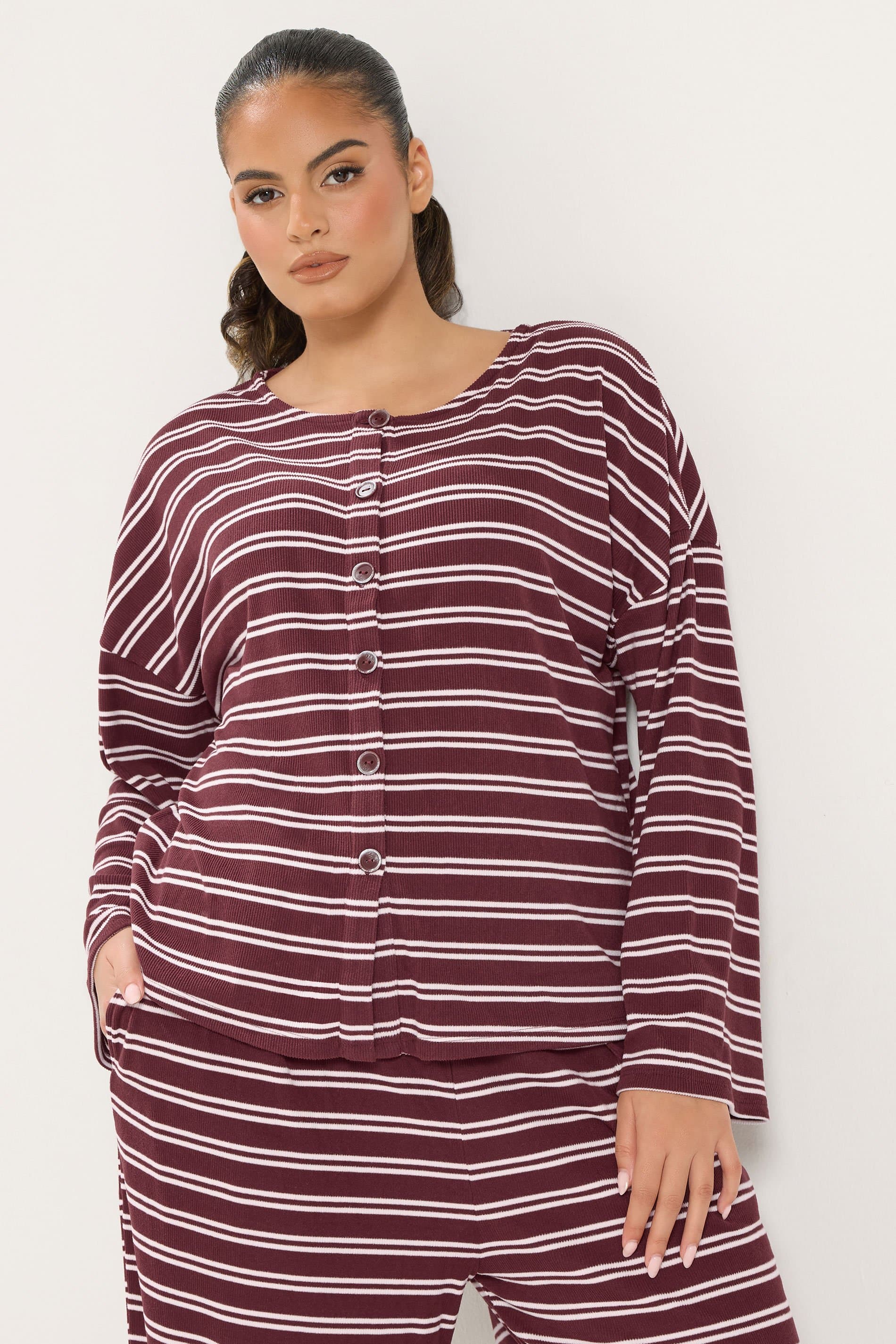 Yours Plus Size Burgundy Red Striped Button Up Top