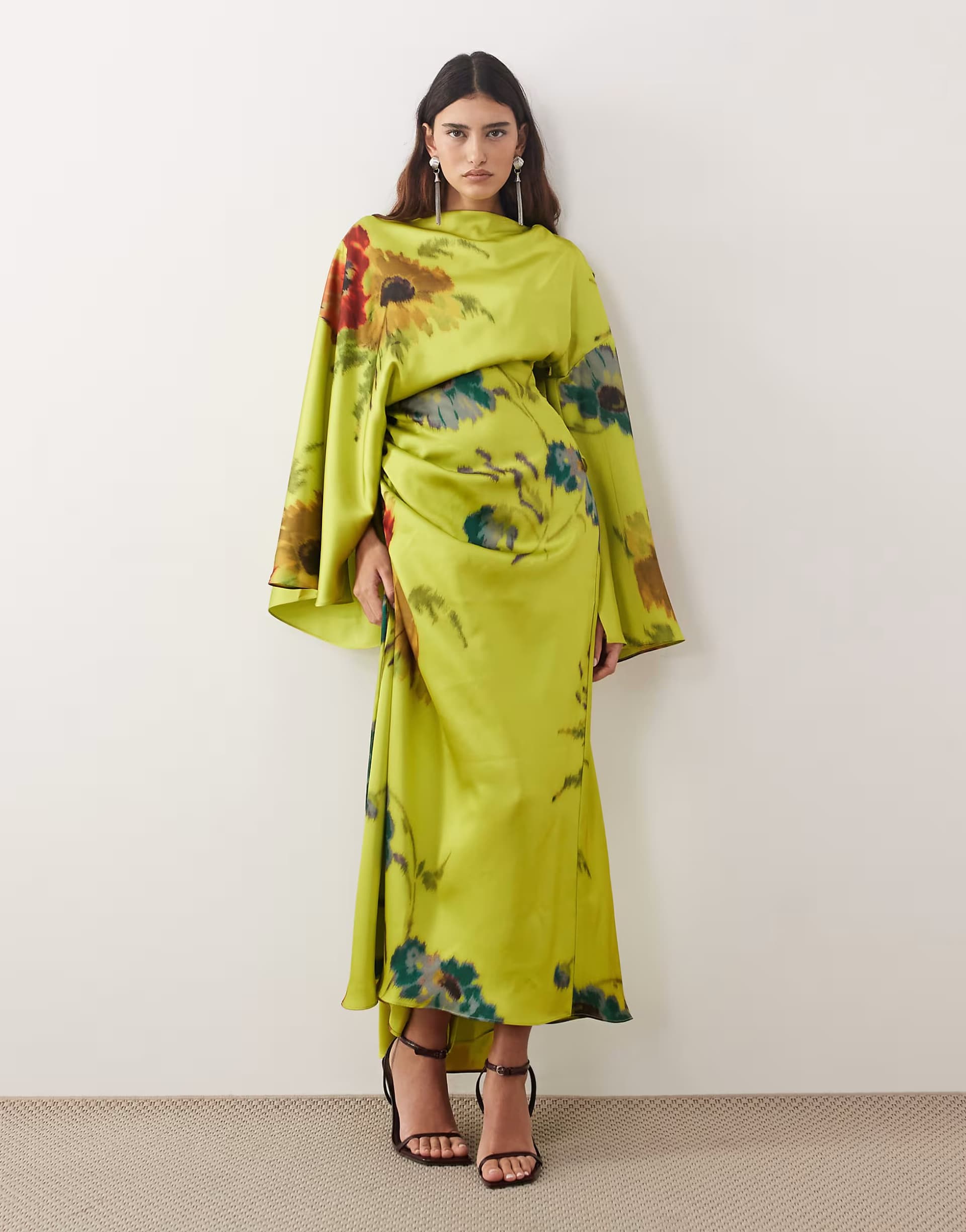 ASOS ARRANGE high neck satin long sleeve maxi dress in blurred floral