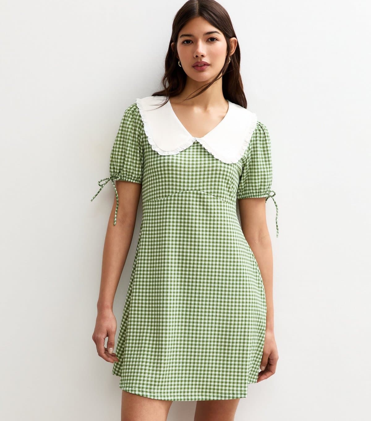 New Look Women's Green Gingham Check Contrast Collar Tie Sleeve Mini Dress New Look