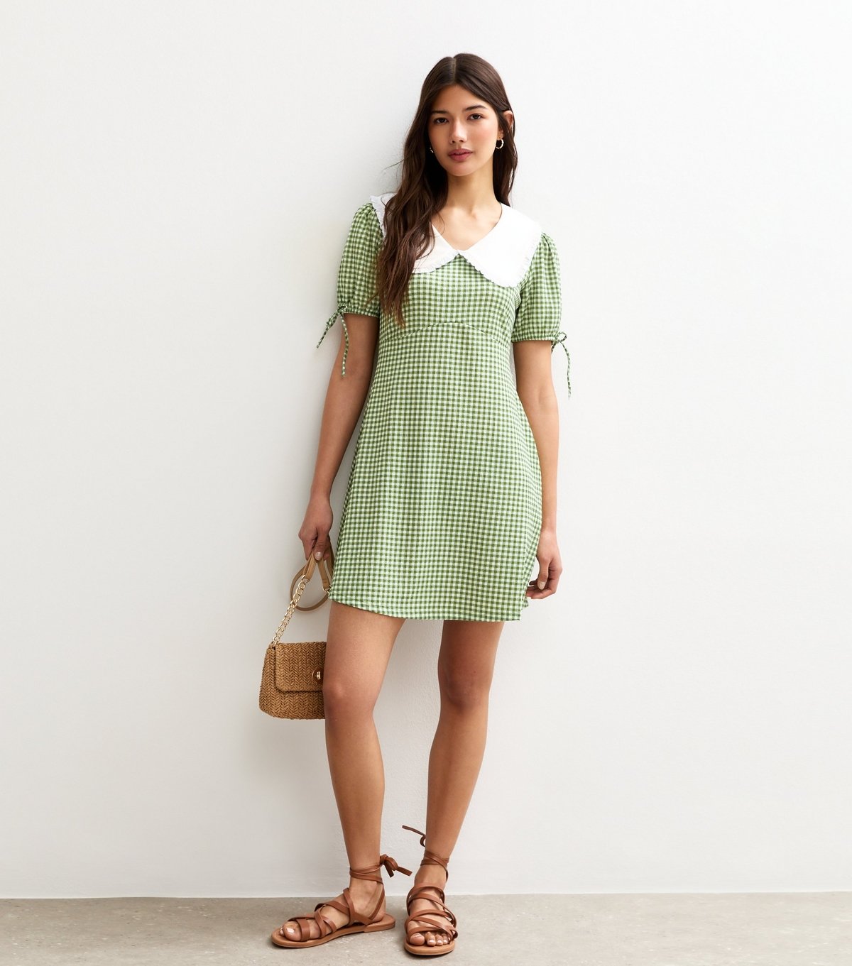 New Look Women's Green Gingham Check Contrast Collar Tie Sleeve Mini Dress New Look - 2