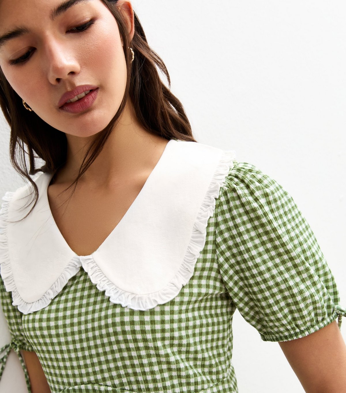 New Look Women's Green Gingham Check Contrast Collar Tie Sleeve Mini Dress New Look - 3