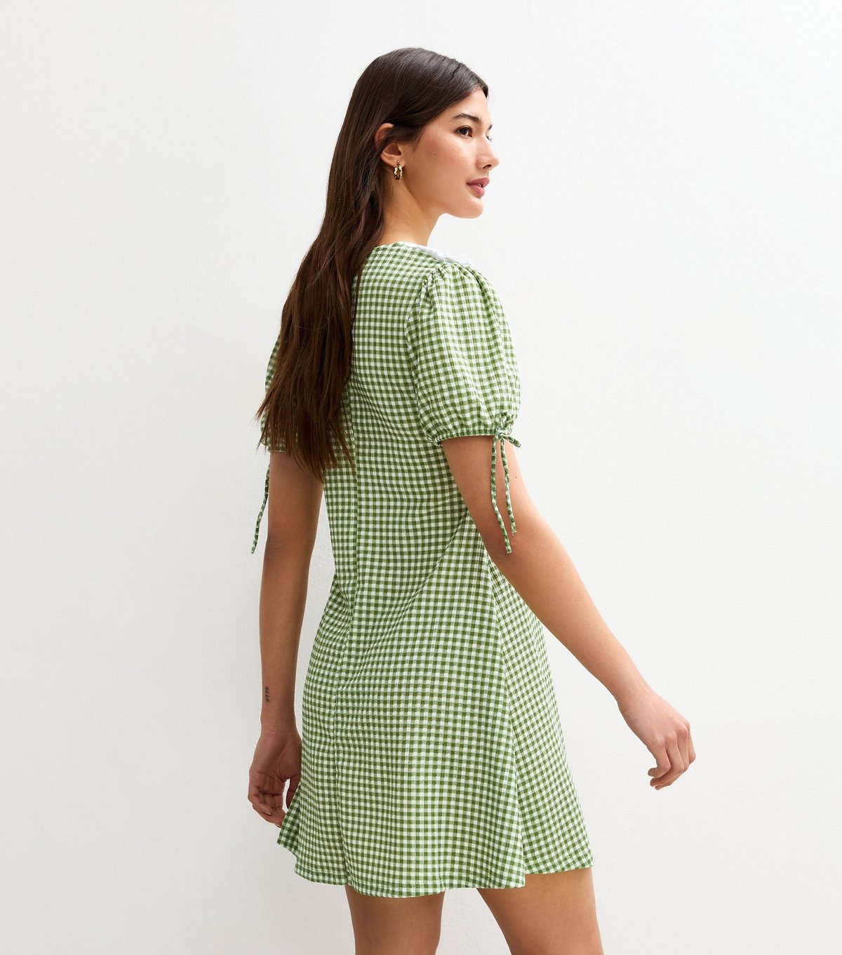 New Look Women's Green Gingham Check Contrast Collar Tie Sleeve Mini Dress New Look - 4