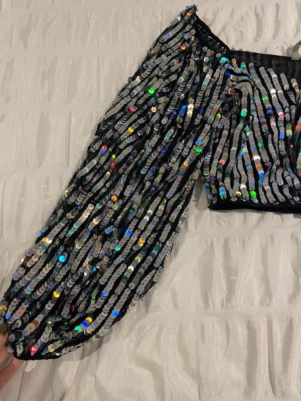 ASOS ASOS Balloon Sleeve Silver Sequin and Black Mesh Top - 8