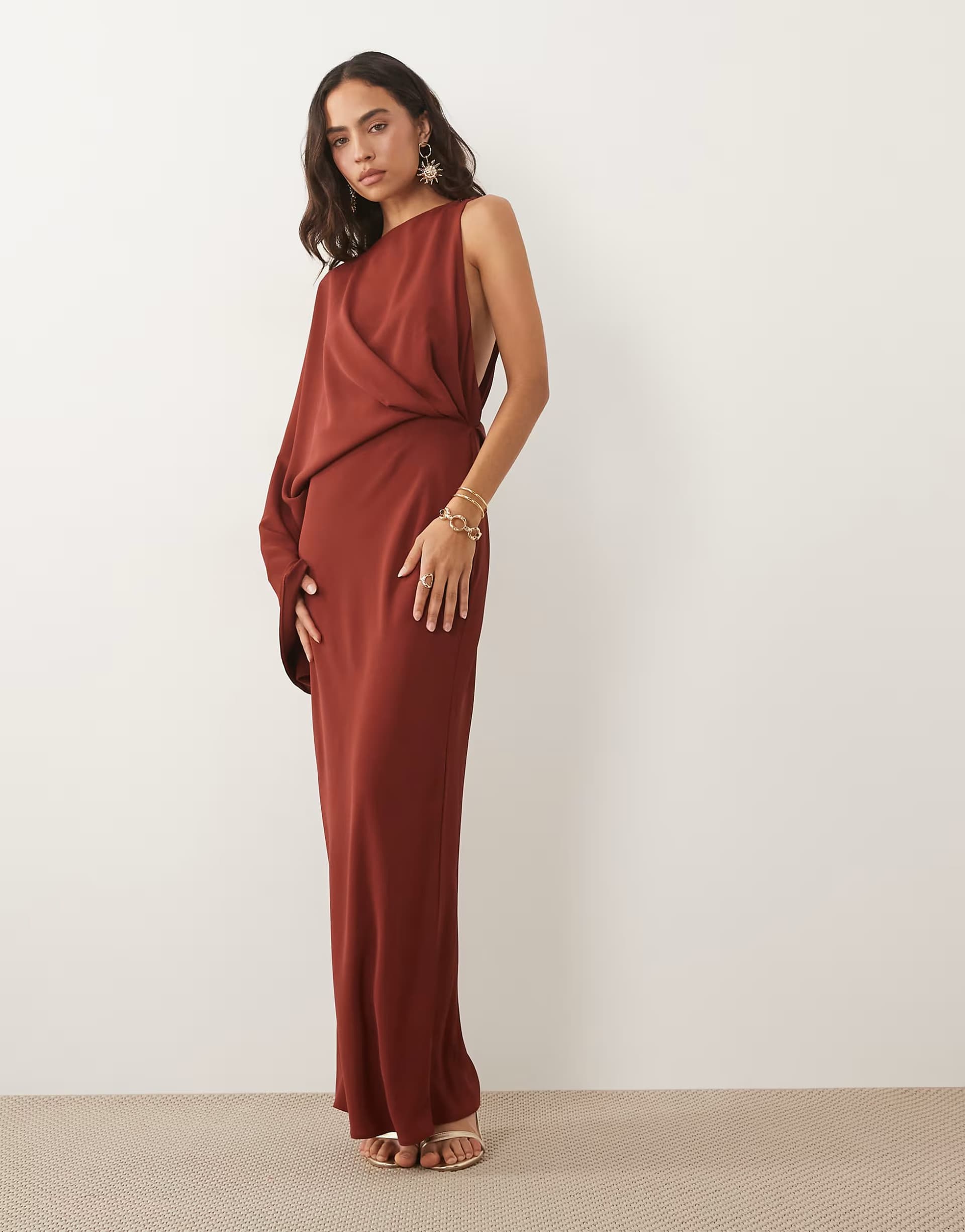 ASOS ASOS DESIGN one shoulder drape back column maxi dress in brown